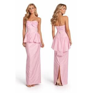 1980s After Six Blush Pink Satin Peplum Gown Strapless Bow USA ILGWU Medium